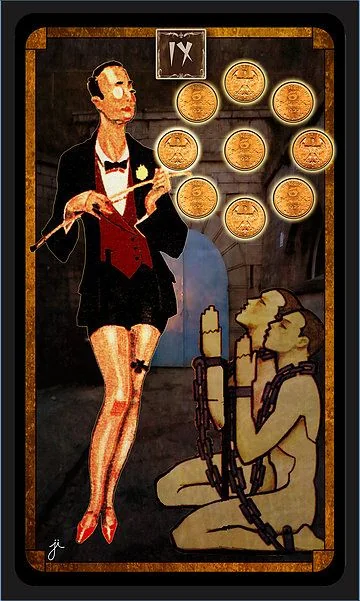 Nine of Coins card from the Cult Of Weimar Tarot deck