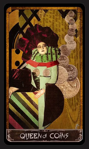 Queen of Coins card from the Cult Of Weimar Tarot deck