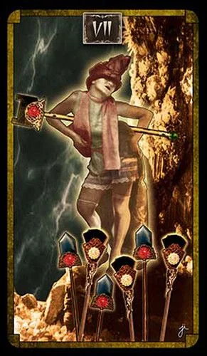 Seven of Wands card from the Cult Of Weimar Tarot deck