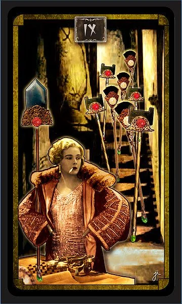 Nine of Wands card from the Cult Of Weimar Tarot deck