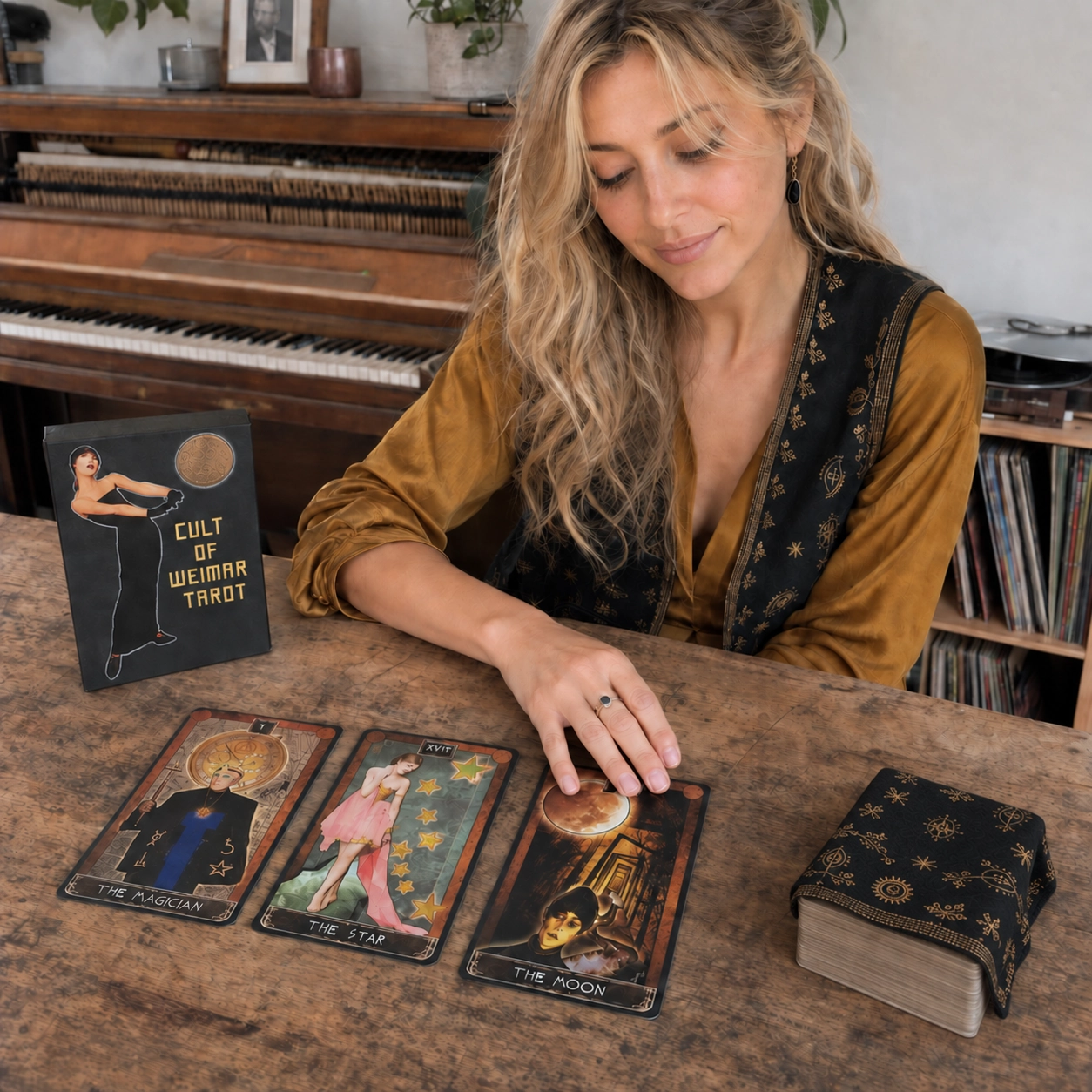Aurica arranging The Magician, The Star and The Moon from Cult Of Weimar Tarot beside its box and stacked deck