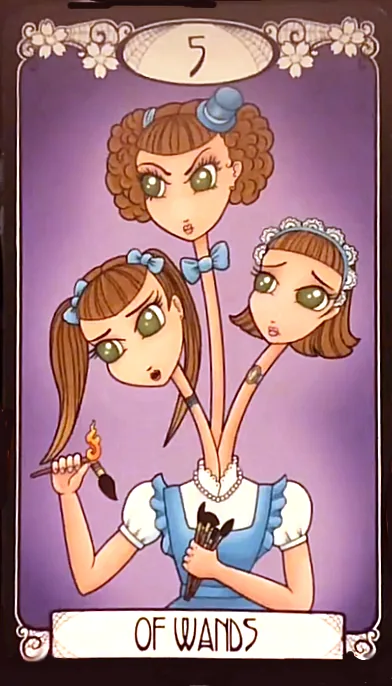 Five of Wands card from the Cute and Creepy Tarot deck