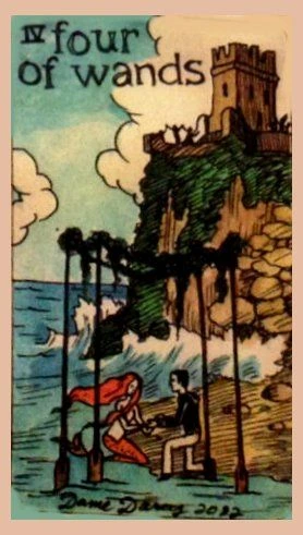Four of Wands card from the Dame Darcy Mermaid Tarot deck