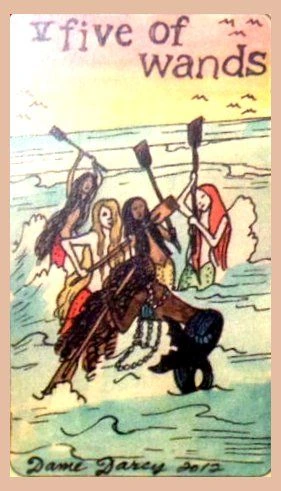 Five of Wands card from the Dame Darcy Mermaid Tarot deck