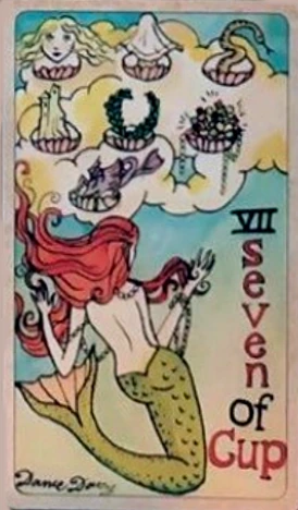 Seven of Cups card from the Dame Darcy Mermaid Tarot deck