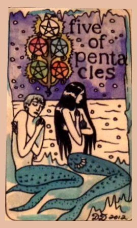 Five of Pentacles card from the Dame Darcy Mermaid Tarot deck