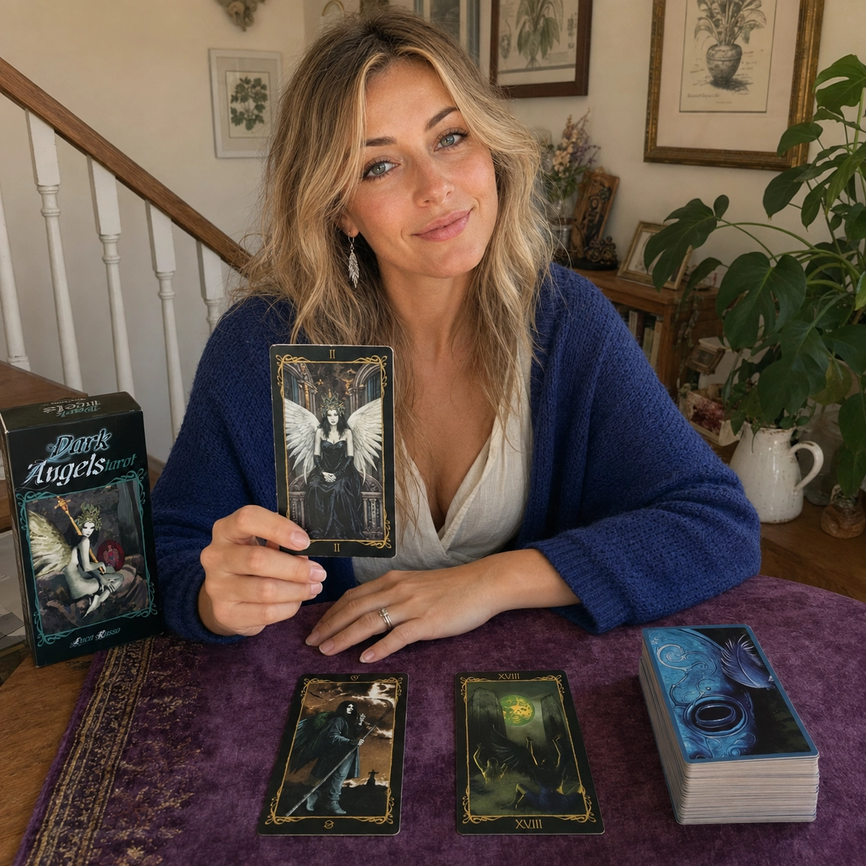 Aurica presenting The High Priestess from Dark Angels Tarot beside The Fool, The Moon, the deck box and stacked cards