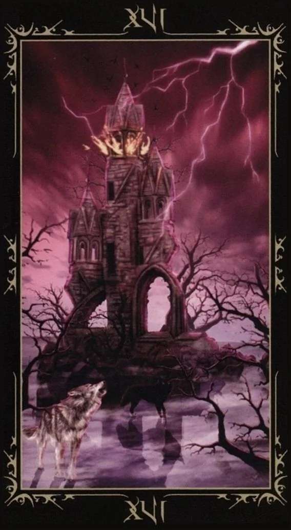 The Tower card from the Dark Fairytale Tarot deck