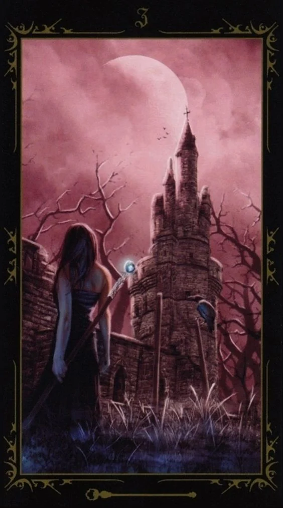 Three of Wands card from the Dark Fairytale Tarot deck