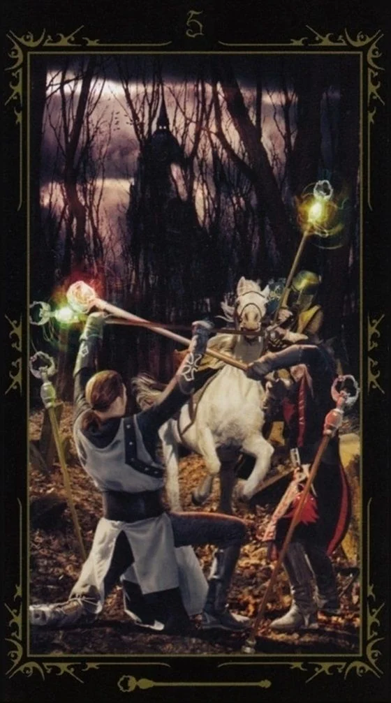 Five of Wands card from the Dark Fairytale Tarot deck