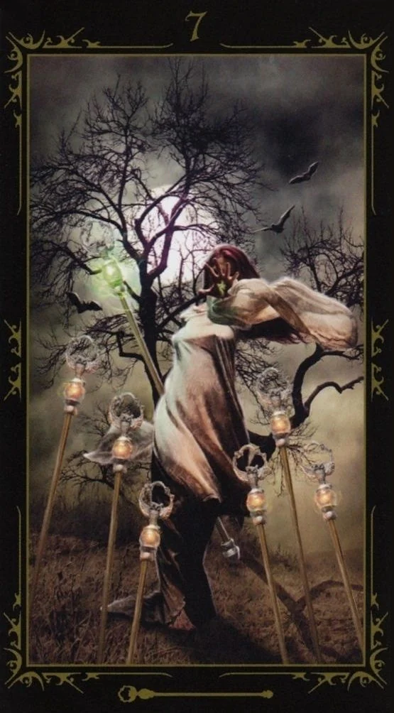 Seven of Wands card from the Dark Fairytale Tarot deck