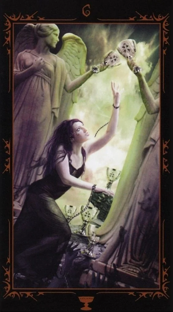 Six of Cups card from the Dark Fairytale Tarot deck