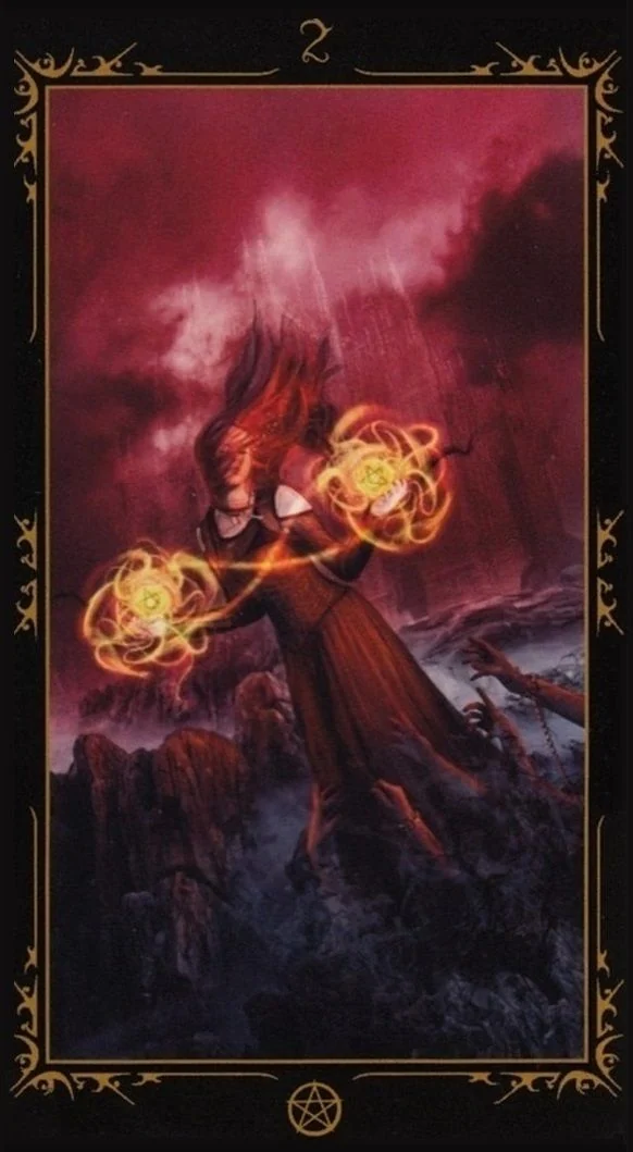 Two of Pentacles card from the Dark Fairytale Tarot deck