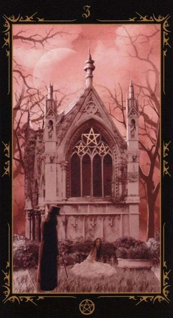 Three of Pentacles card from the Dark Fairytale Tarot deck