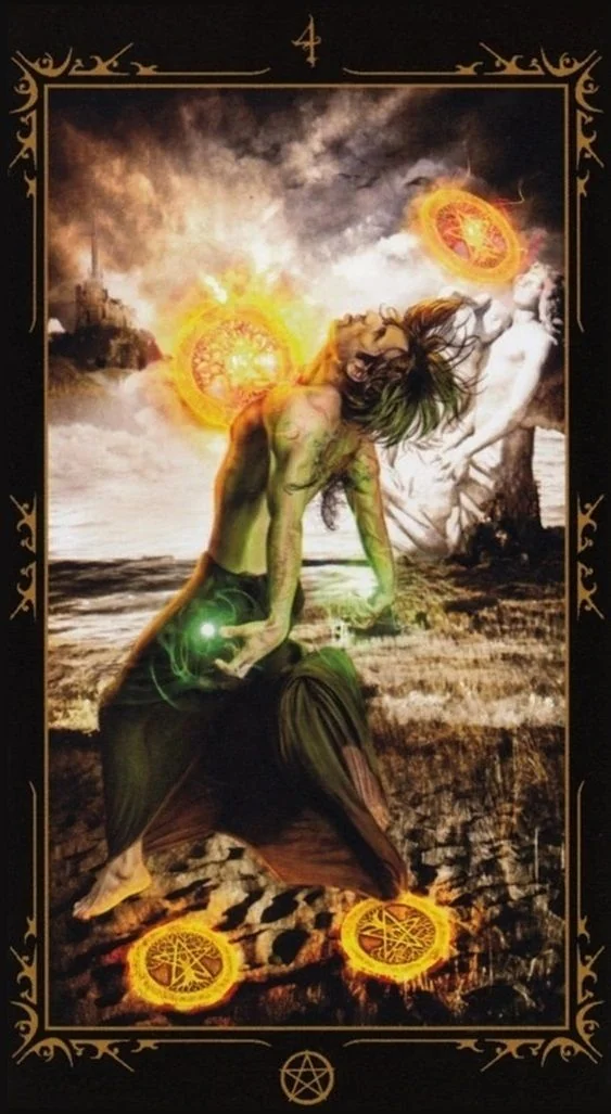 Four of Pentacles card from the Dark Fairytale Tarot deck