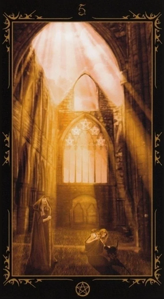 Five of Pentacles card from the Dark Fairytale Tarot deck