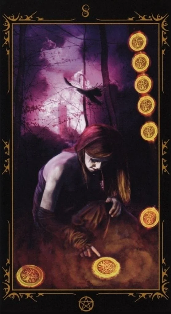 Eight of Pentacles card from the Dark Fairytale Tarot deck