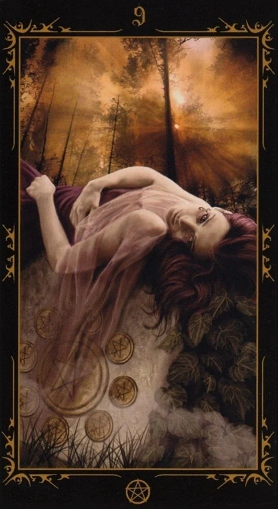 Nine of Pentacles card from the Dark Fairytale Tarot deck