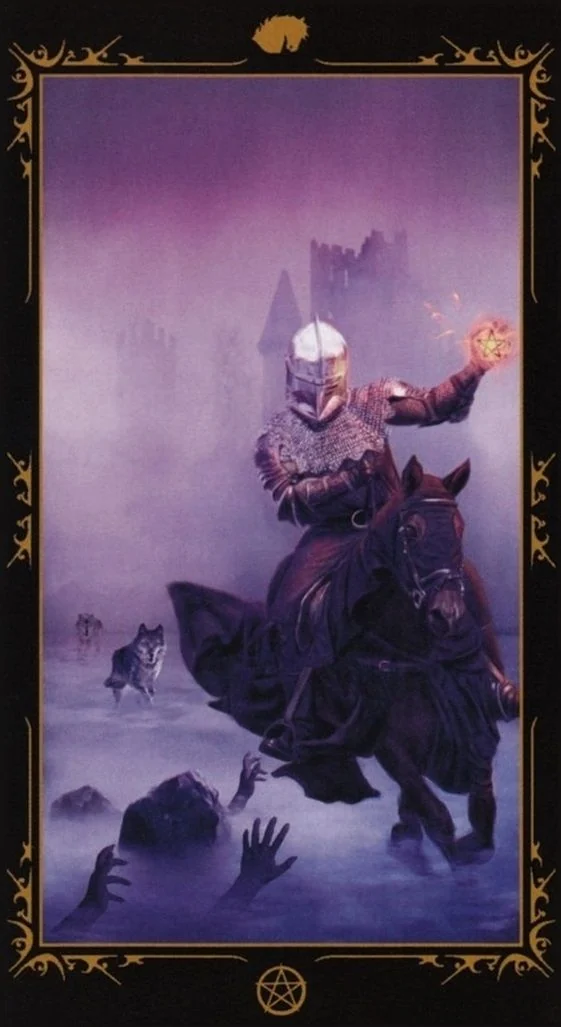Knight of Pentacles card from the Dark Fairytale Tarot deck