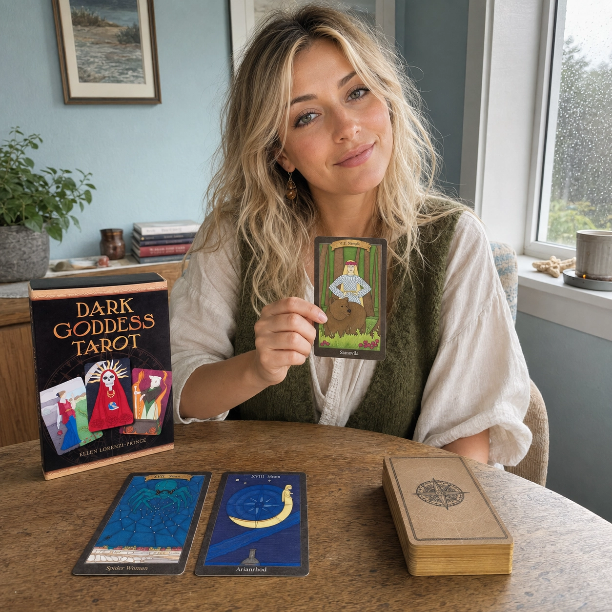 Aurica presenting Strength from Dark Goddess Tarot beside its box, a Stars and Moon spread, and the stacked deck