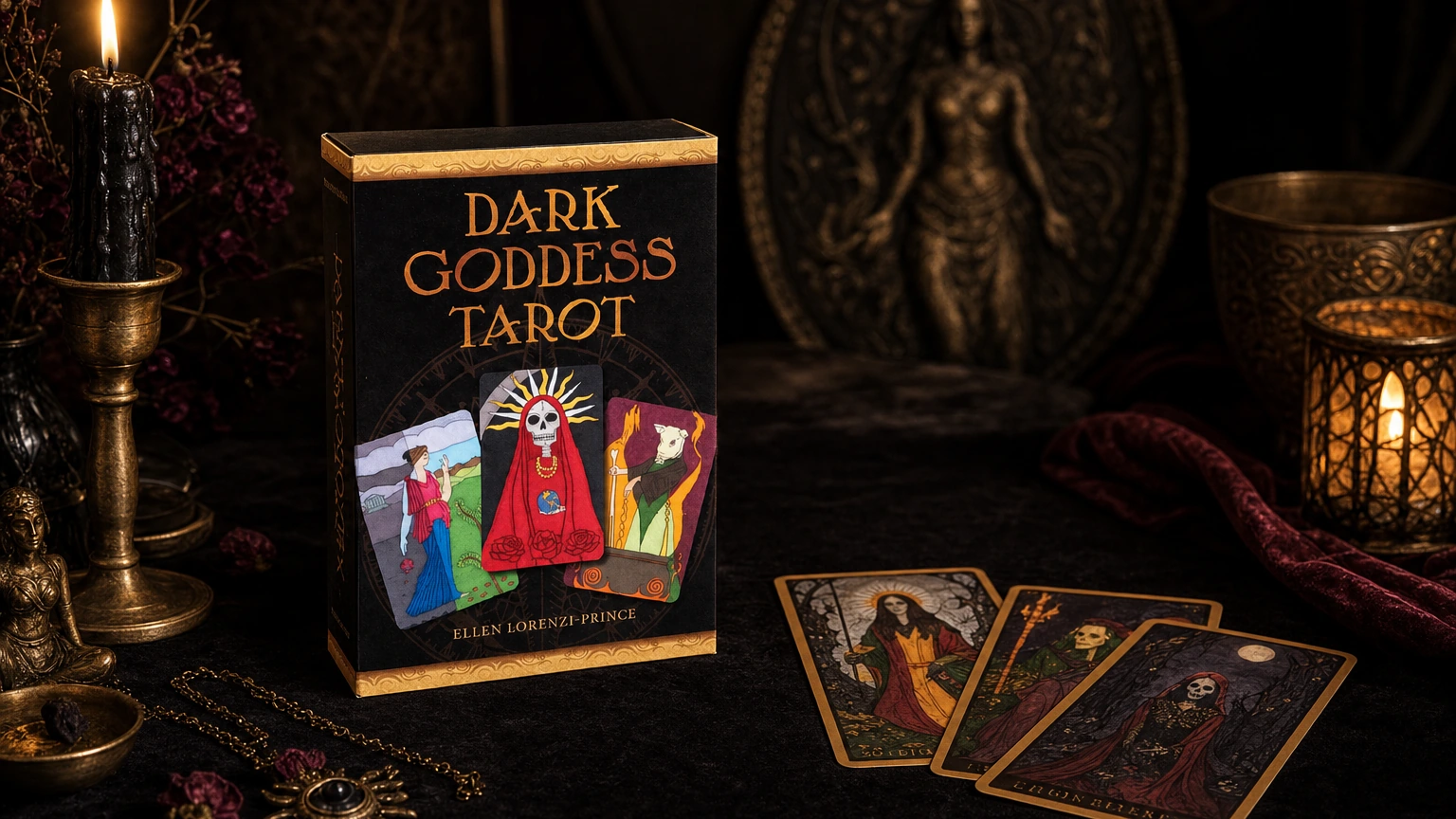 See Dark Goddess Tarot on Amazon Dark Goddess Tarot deck box on a dark altar TarotFans reading table