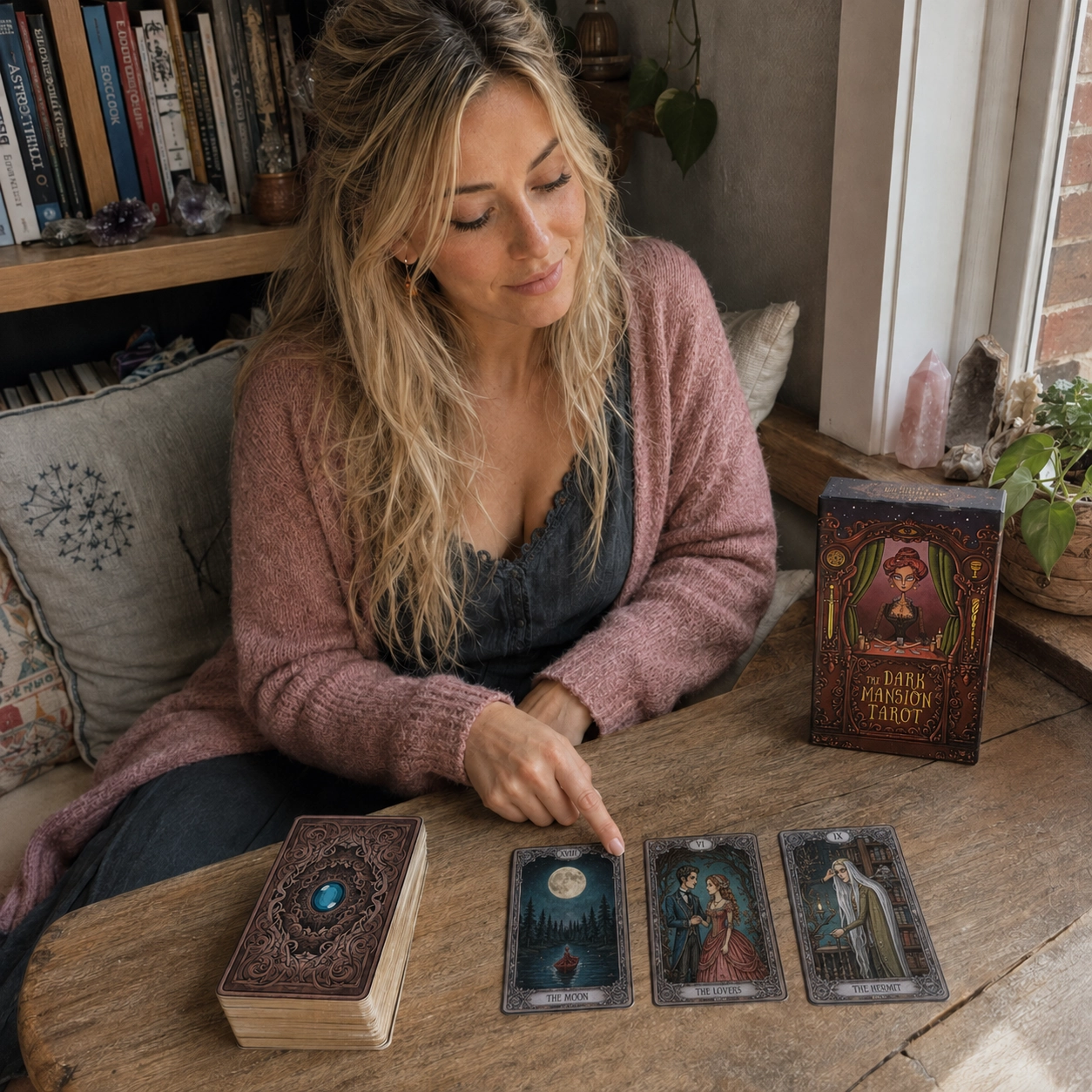 Aurica comparing The Moon, The Lovers and The Hermit from Dark Mansion Tarot beside its box and stacked deck