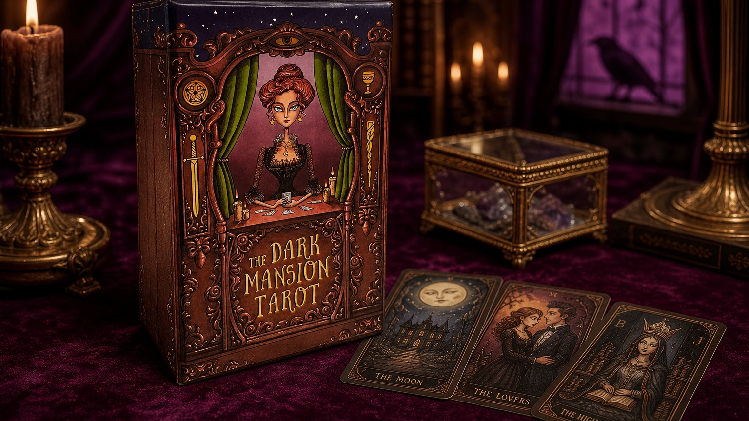 Dark Mansion Tarot final review image with the product box on a gothic plum tabletop