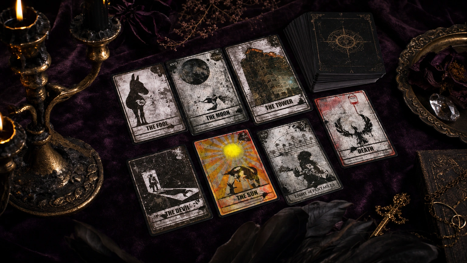 Darkana Tarot final gothic tabletop card scene based on the verified gallery