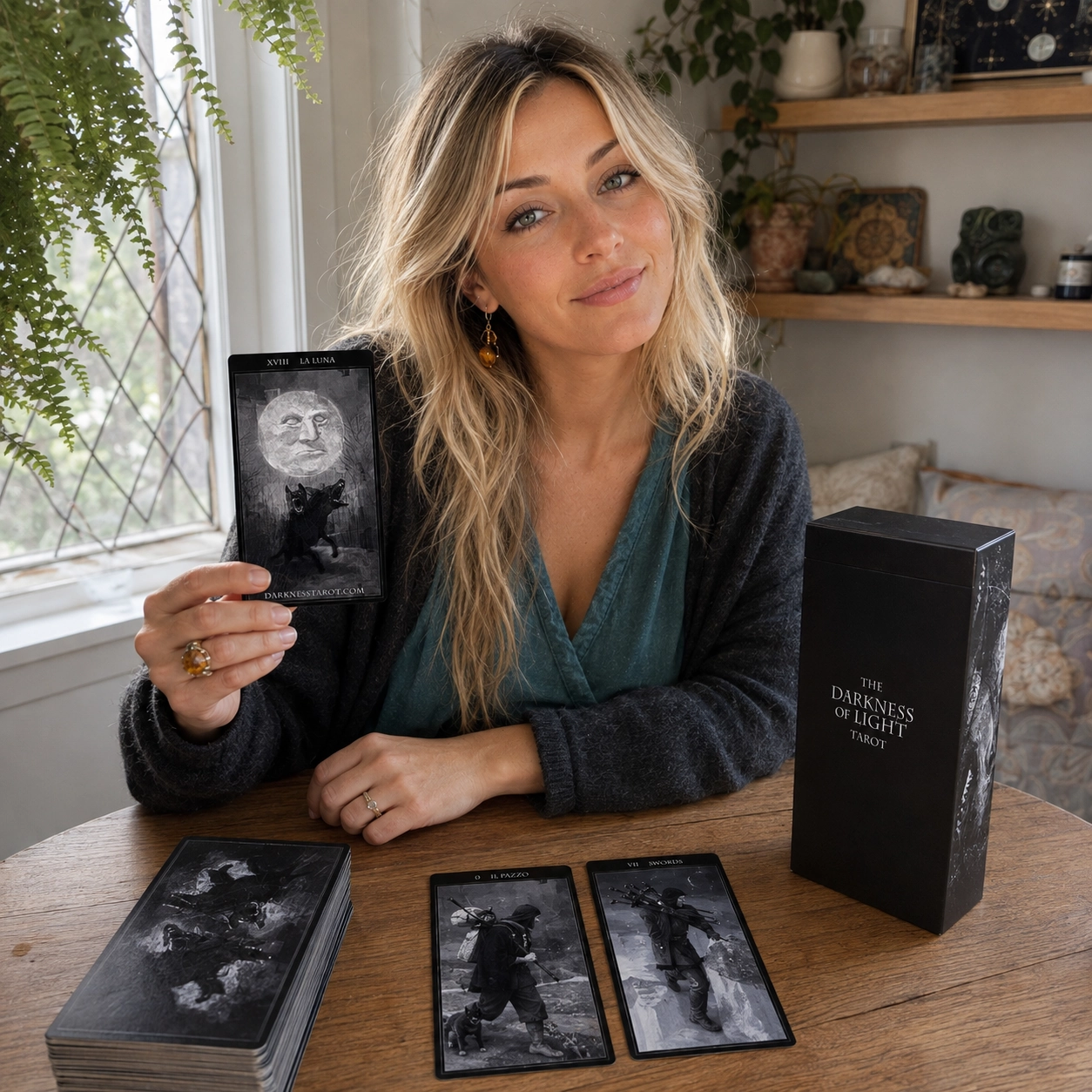 Aurica presenting La Luna from Darkness of Light Tarot beside its box, a Fool and Seven of Swords spread, and the stacked deck
