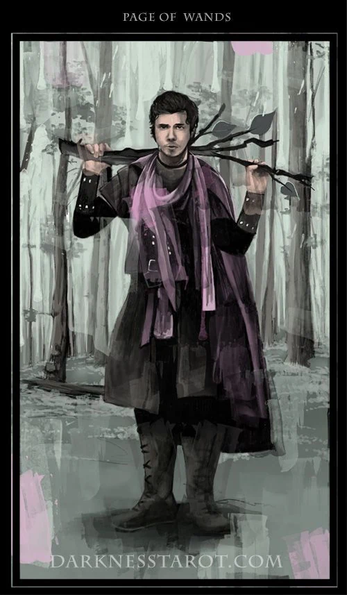 Page of Wands card from the Darkness of Light Tarot deck