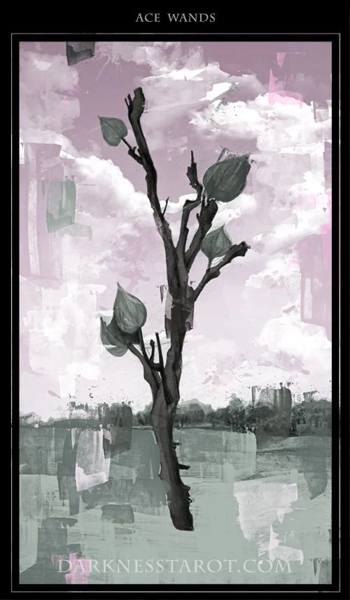 Ace of Wands card from the Darkness of Light Tarot deck