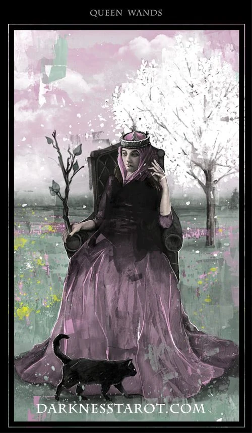 Queen of Wands card from the Darkness of Light Tarot deck