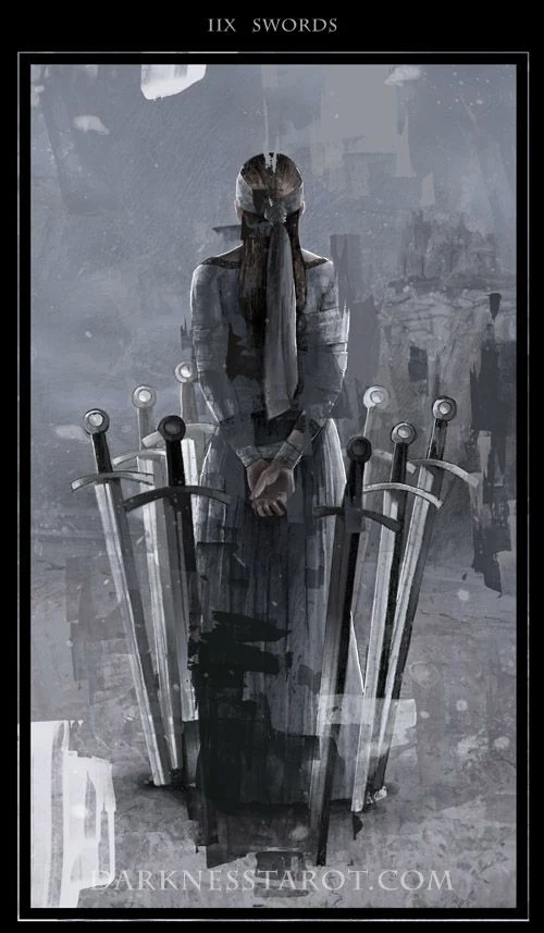 Eight of Swords card from the Darkness of Light Tarot deck