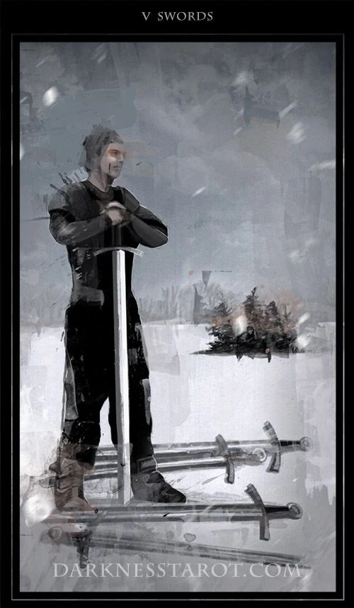 Five of Swords card from the Darkness of Light Tarot deck
