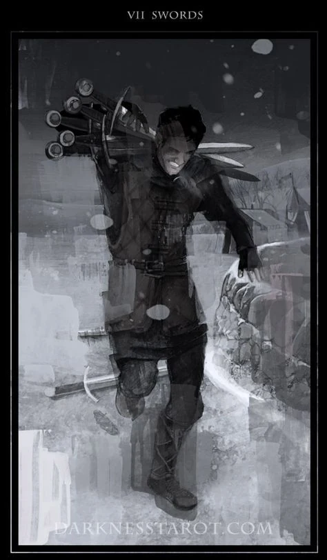 Seven of Swords card from the Darkness of Light Tarot deck