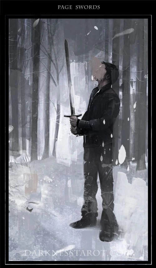 Page of Swords card from the Darkness of Light Tarot deck