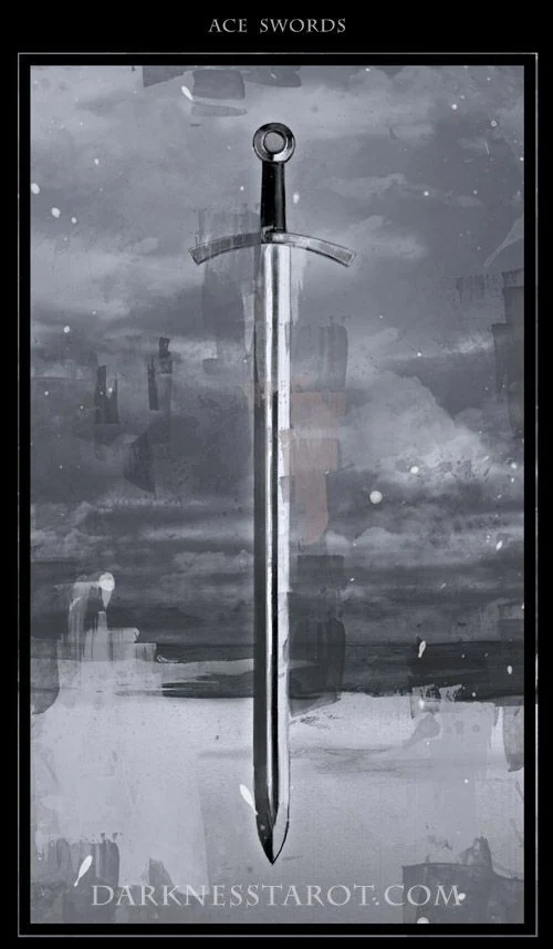 Ace of Swords card from the Darkness of Light Tarot deck