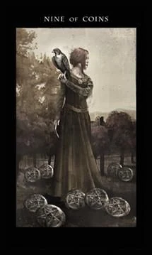 Nine of Coins card from the Darkness of Light Tarot deck