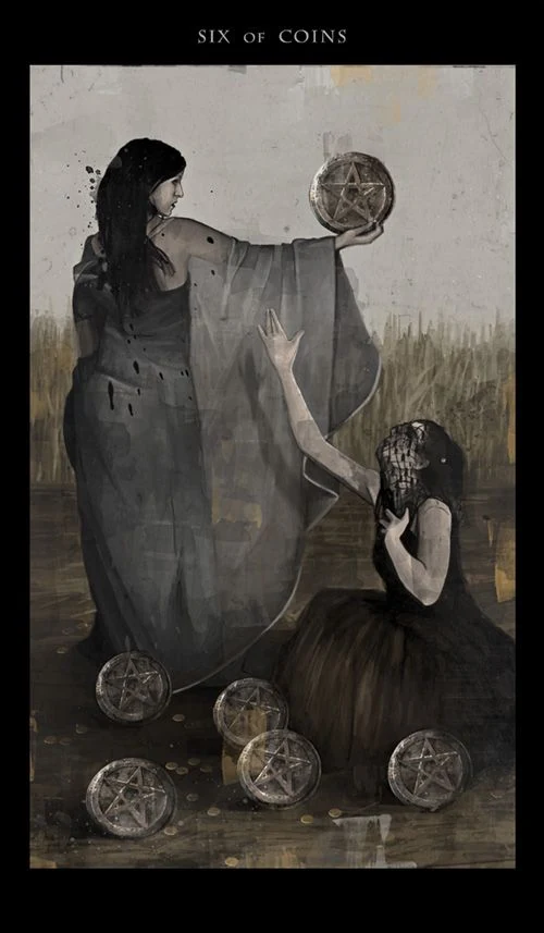 Six of Coins card from the Darkness of Light Tarot deck