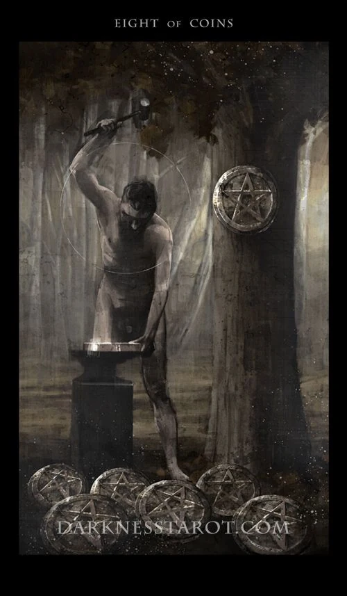 Eight of Coins card from the Darkness of Light Tarot deck