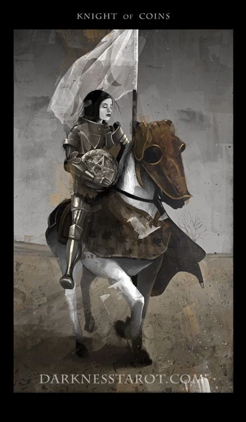Knight of Coins card from the Darkness of Light Tarot deck