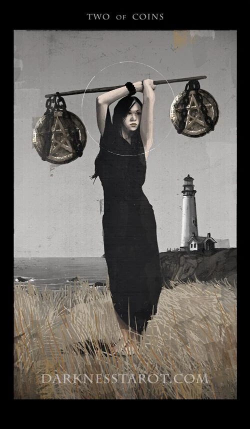 Two of Coins card from the Darkness of Light Tarot deck