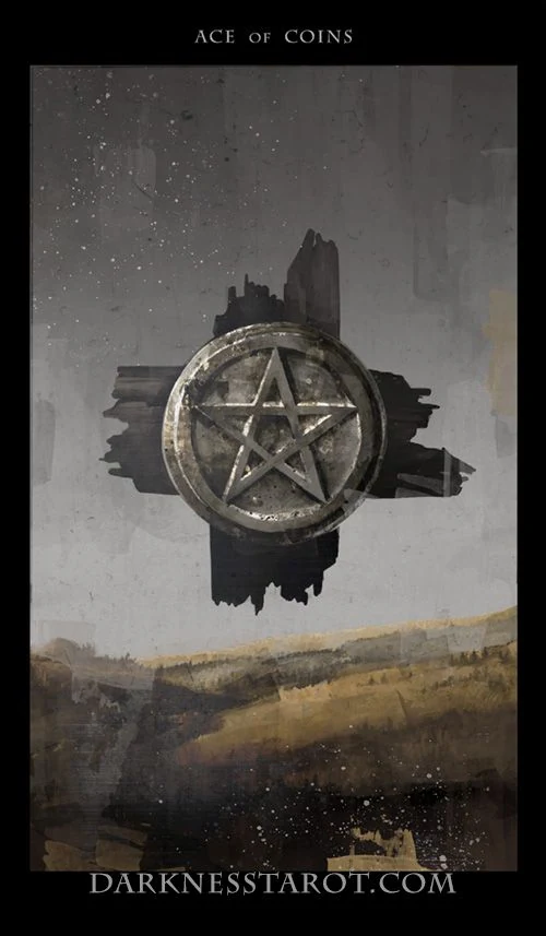 Ace of Coins card from the Darkness of Light Tarot deck