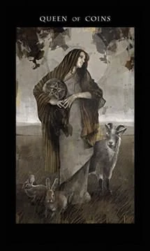 Queen of Coins card from the Darkness of Light Tarot deck