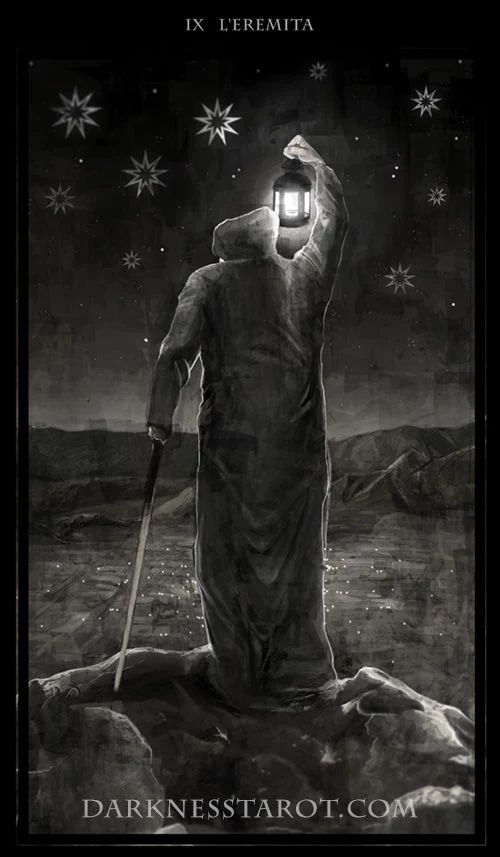 Hermit card from the Darkness of Light Tarot deck