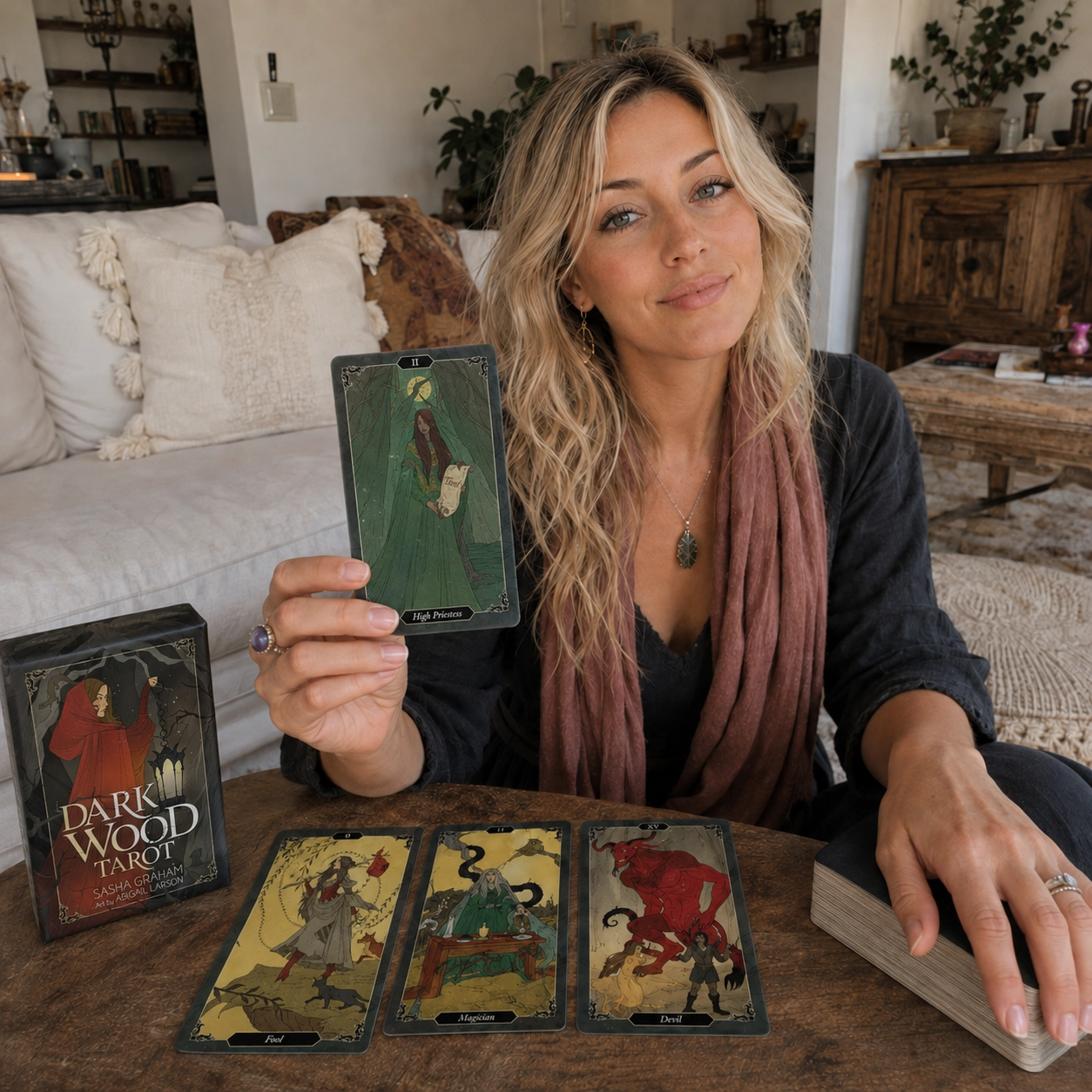 Aurica presenting the High Priestess from Darkwood Tarot beside the deck box, face-up spread, and stacked deck