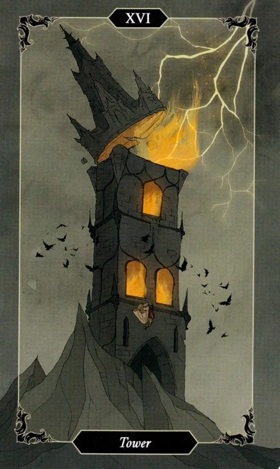 The Tower card from the Dark Wood Tarot deck