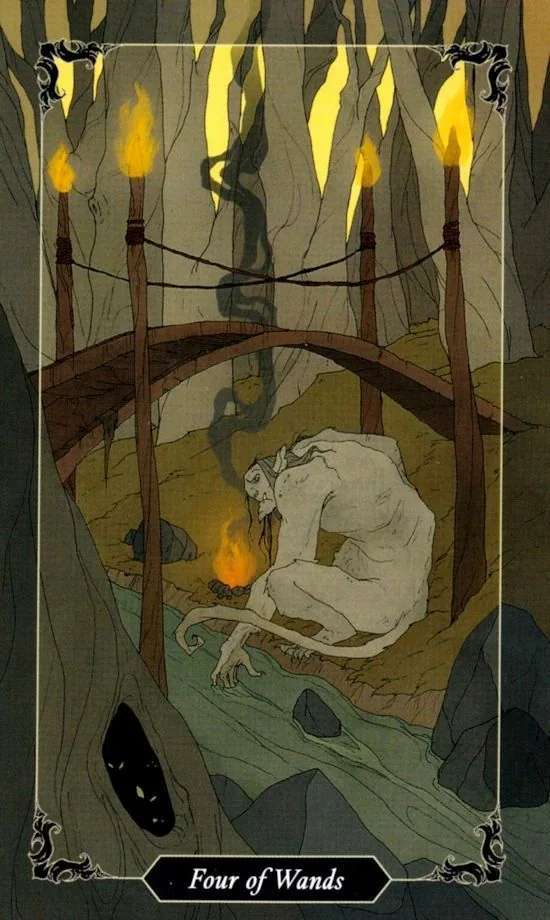 4 of Wands card from the Dark Wood Tarot deck