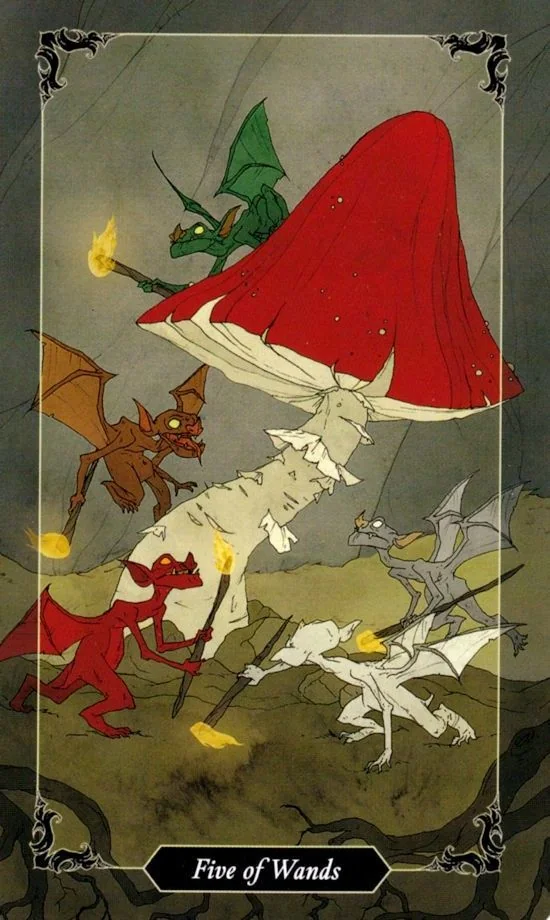 5 of Wands card from the Dark Wood Tarot deck