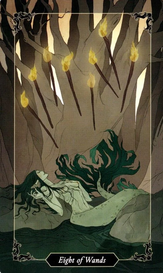8 of Wands card from the Dark Wood Tarot deck